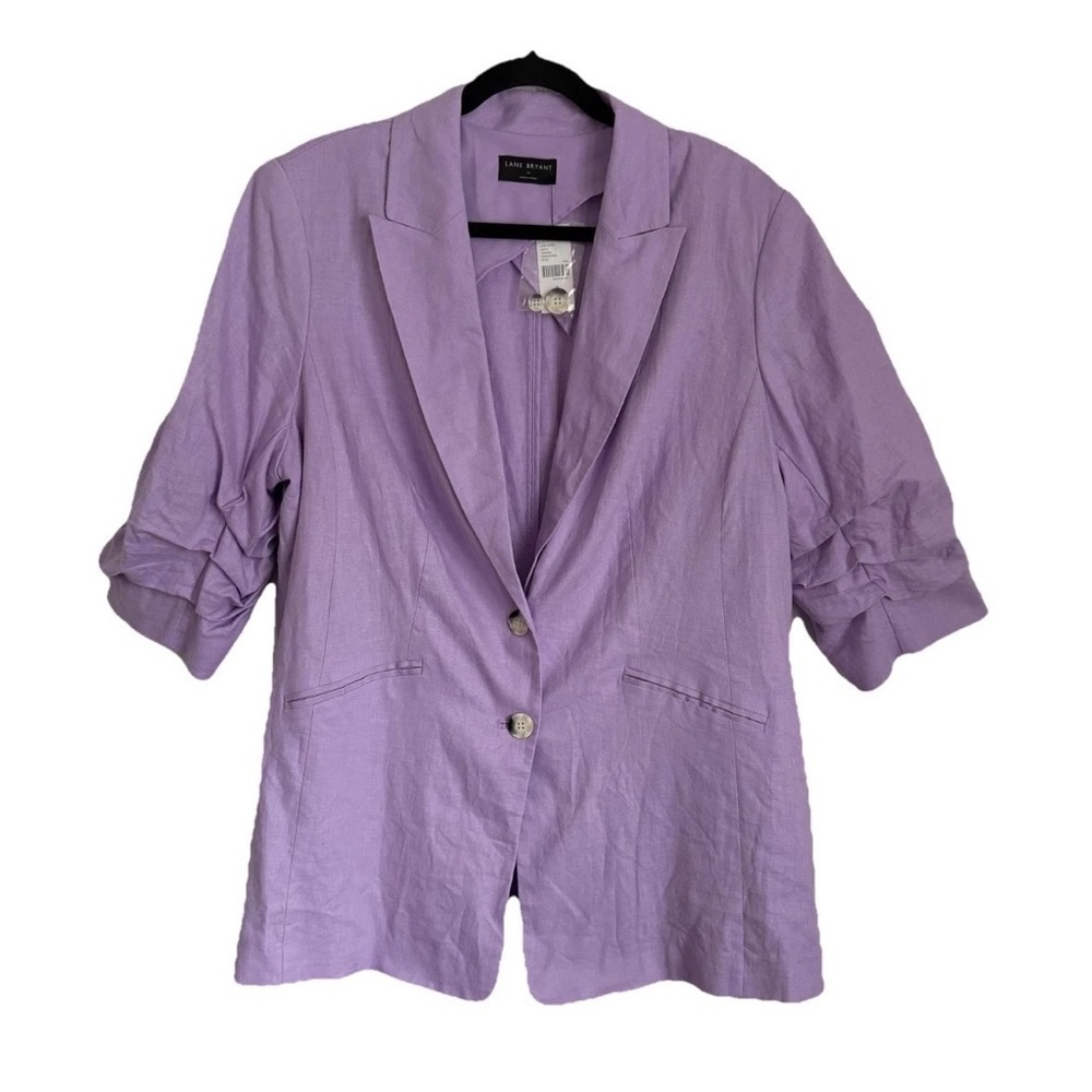 Lane Bryant Blazer Womens 14 Purple Ruched Sleeve Linen Blend Longline NWT Offic